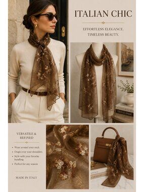 111 State Italy Silk Blend Embroidered Sheer Scarf Brown Gold Floral 16x68